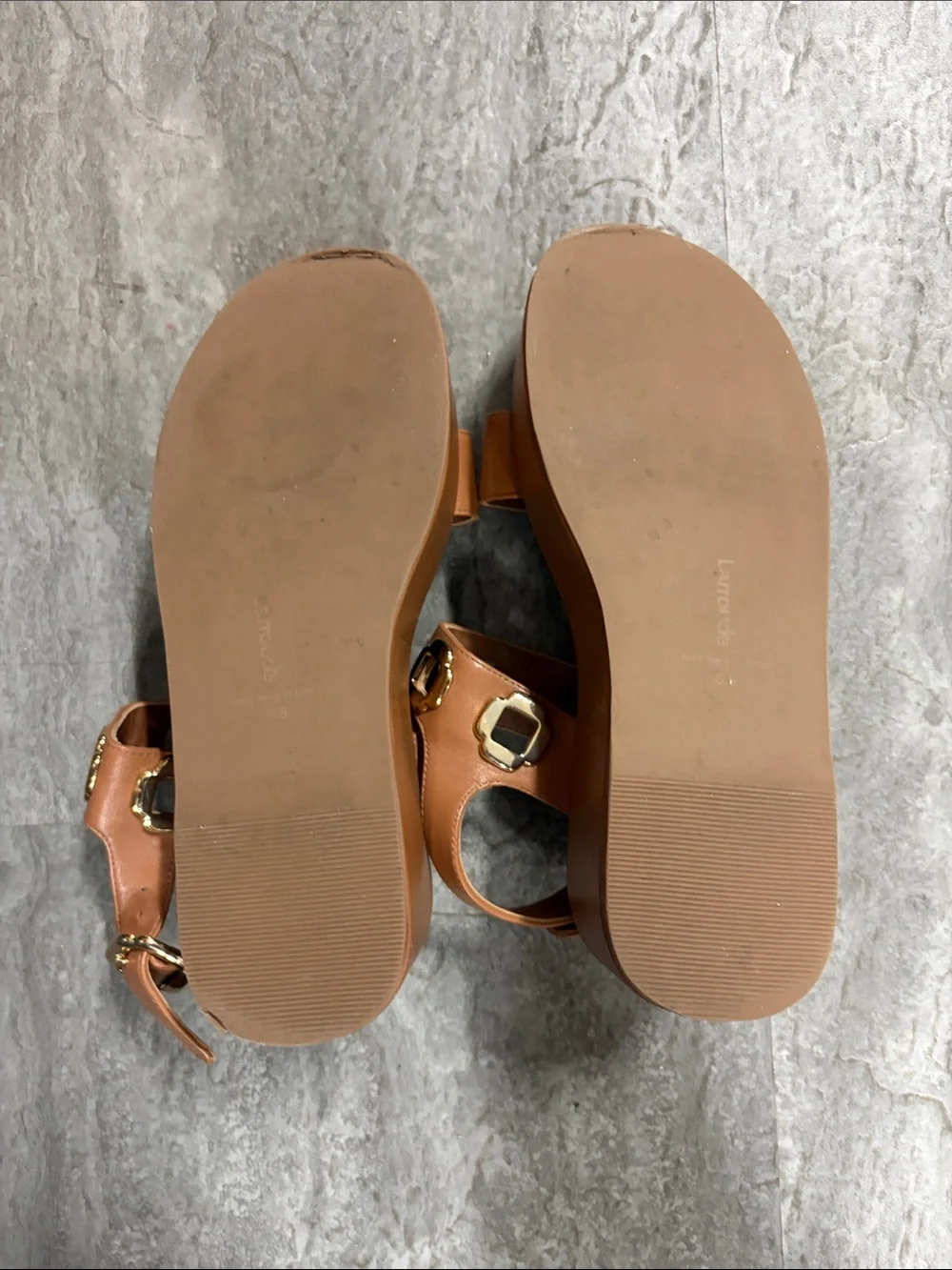 Larroudé Milan Grommet Women’s Platform Sandals, Tan & Gold Buckle Accents
